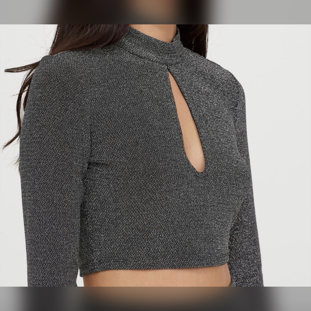 Low-Cut Short Top Black Glittery Long Sleeves.